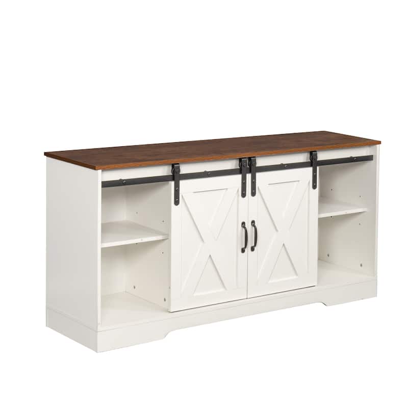 White TV Stand with Sliding Barn Doors Modern Rustic Entertainment Console, Adjustable Shelves